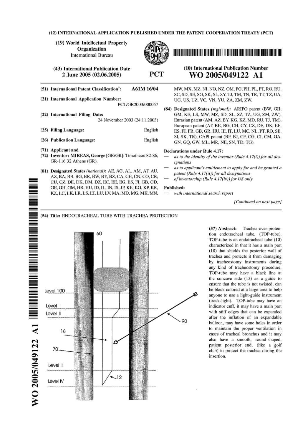 Patent diagram of endotracheal tube with trachea protection showing posterior tracheal wall protection during tracheostomy