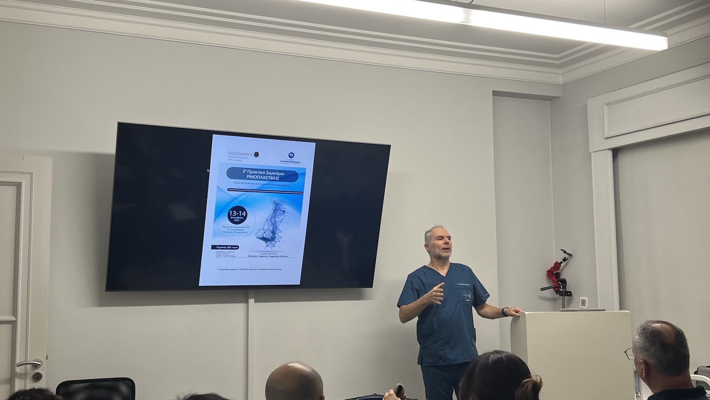 Multiple participants training simultaneously at cadaver rhinoplasty workstations during HIFPS Athens 2025