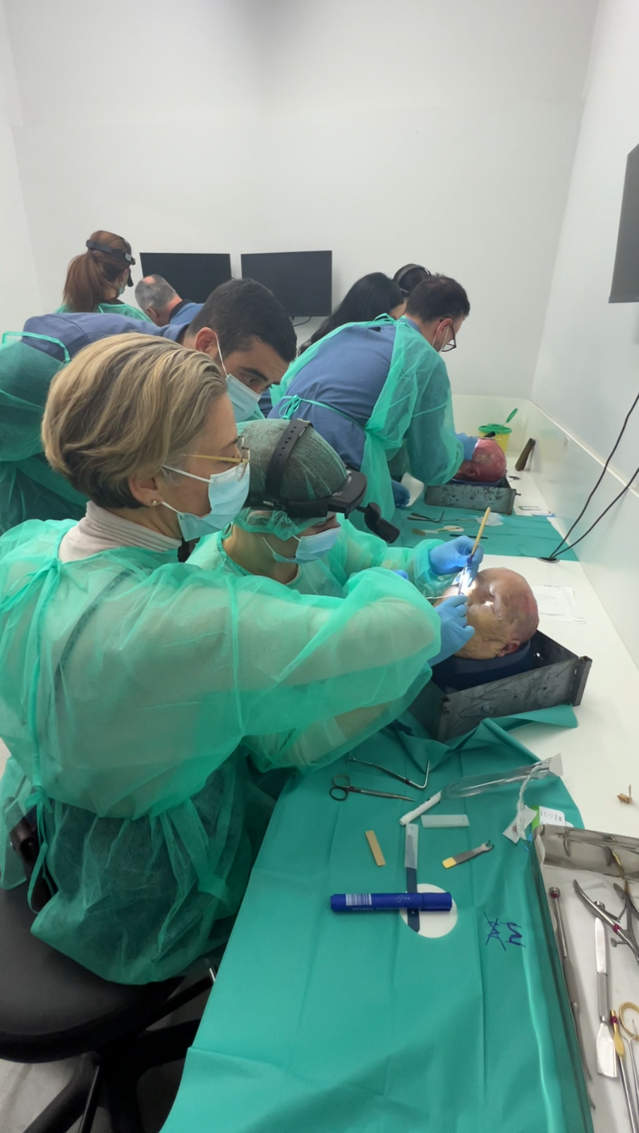 Team performing rhinoplasty cadaver dissection during HIFPS training course in Athens in 2025
