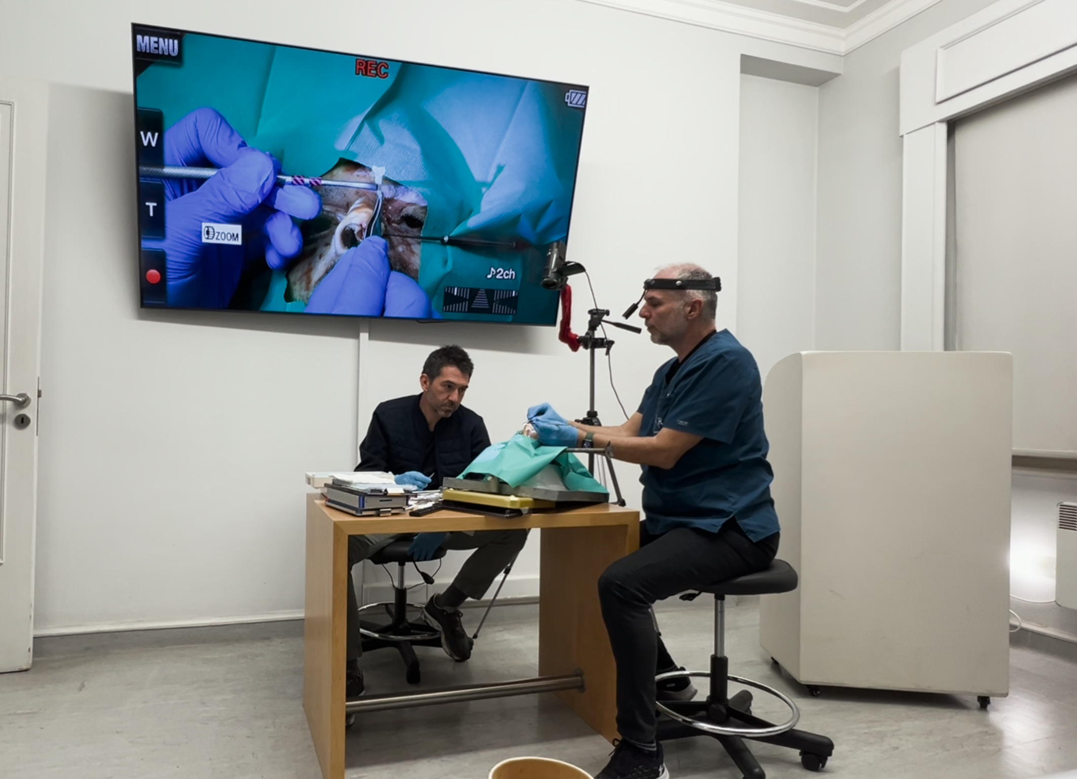 Dr George Mireas presenting a live rhinoplasty cadaver demonstration during the Athens 2024 course
