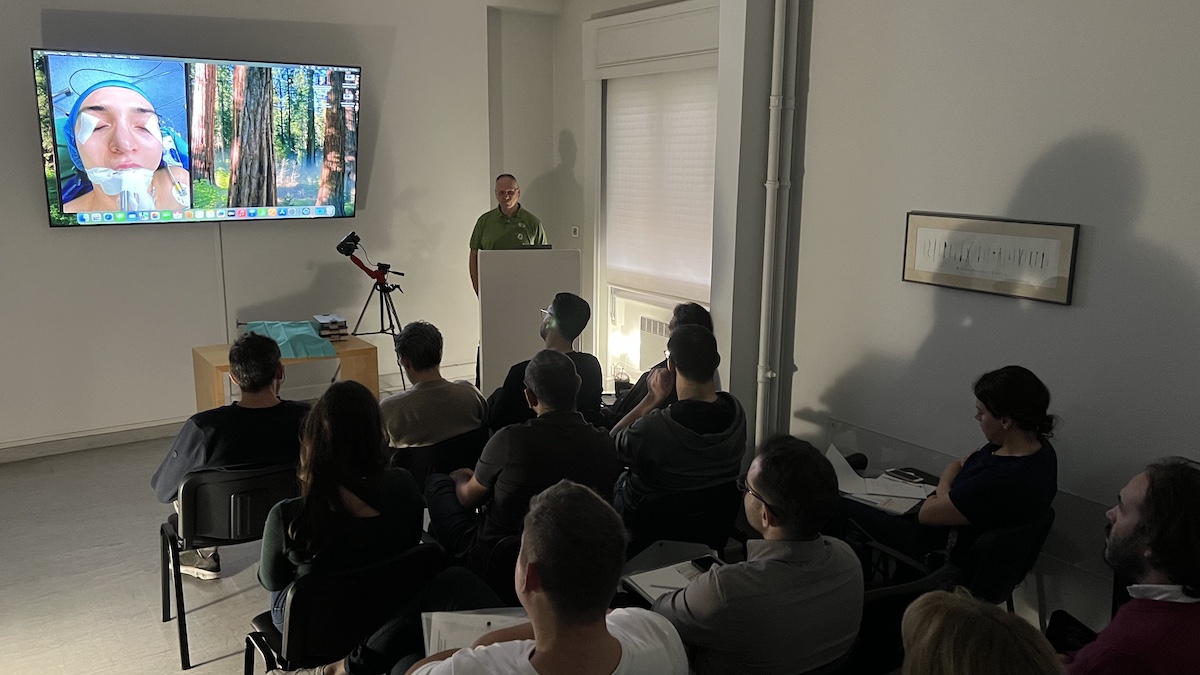 Participants attending a theoretical rhinoplasty training session in Athens in 2024