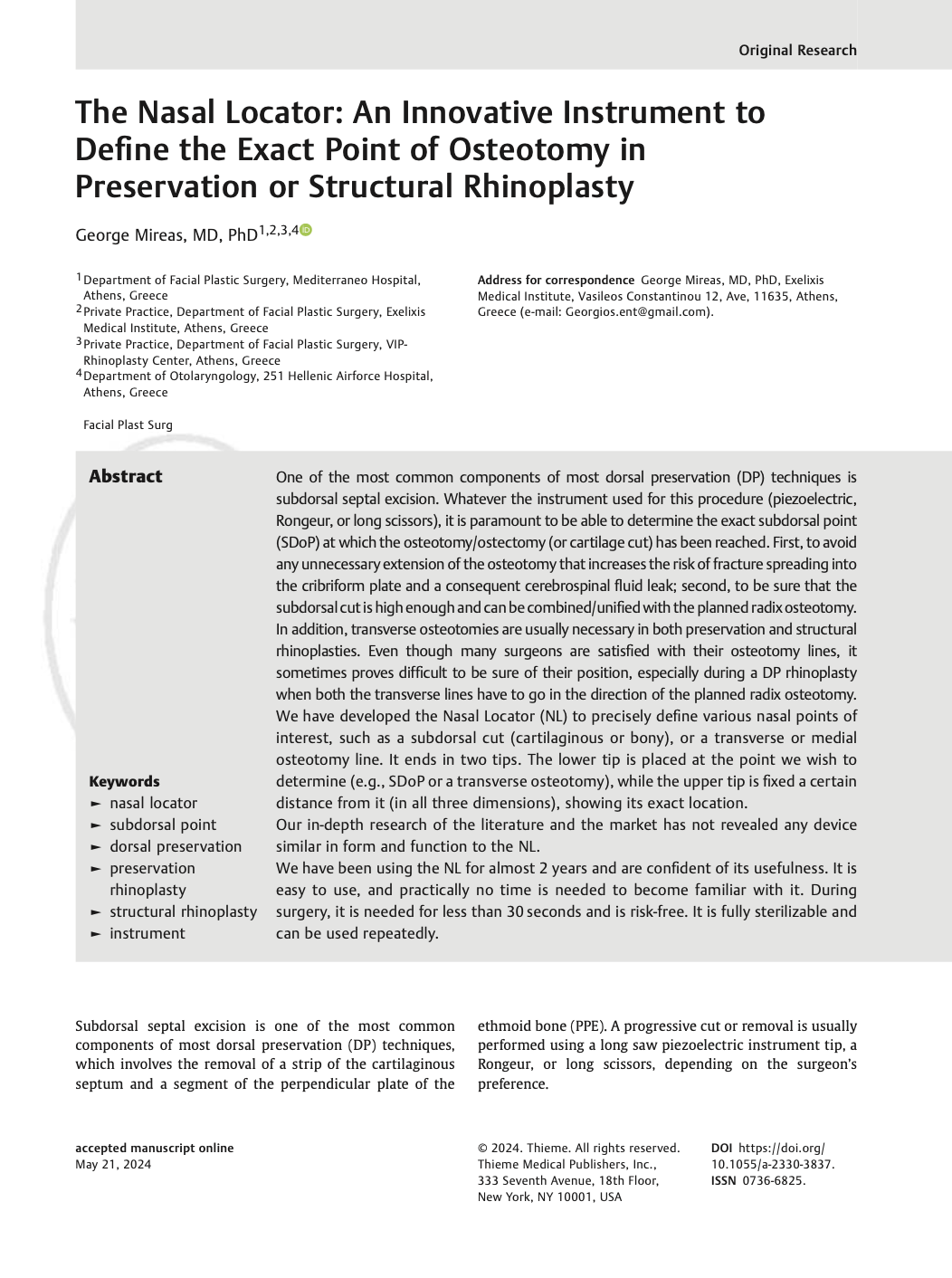 Cover page of peer-reviewed publication presenting the Nasal Locator instrument for rhinoplasty osteotomy planning
