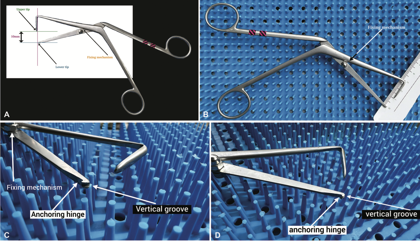 Nasal Locator surgical instrument showing fixing mechanism, anchoring hinge and vertical groove design