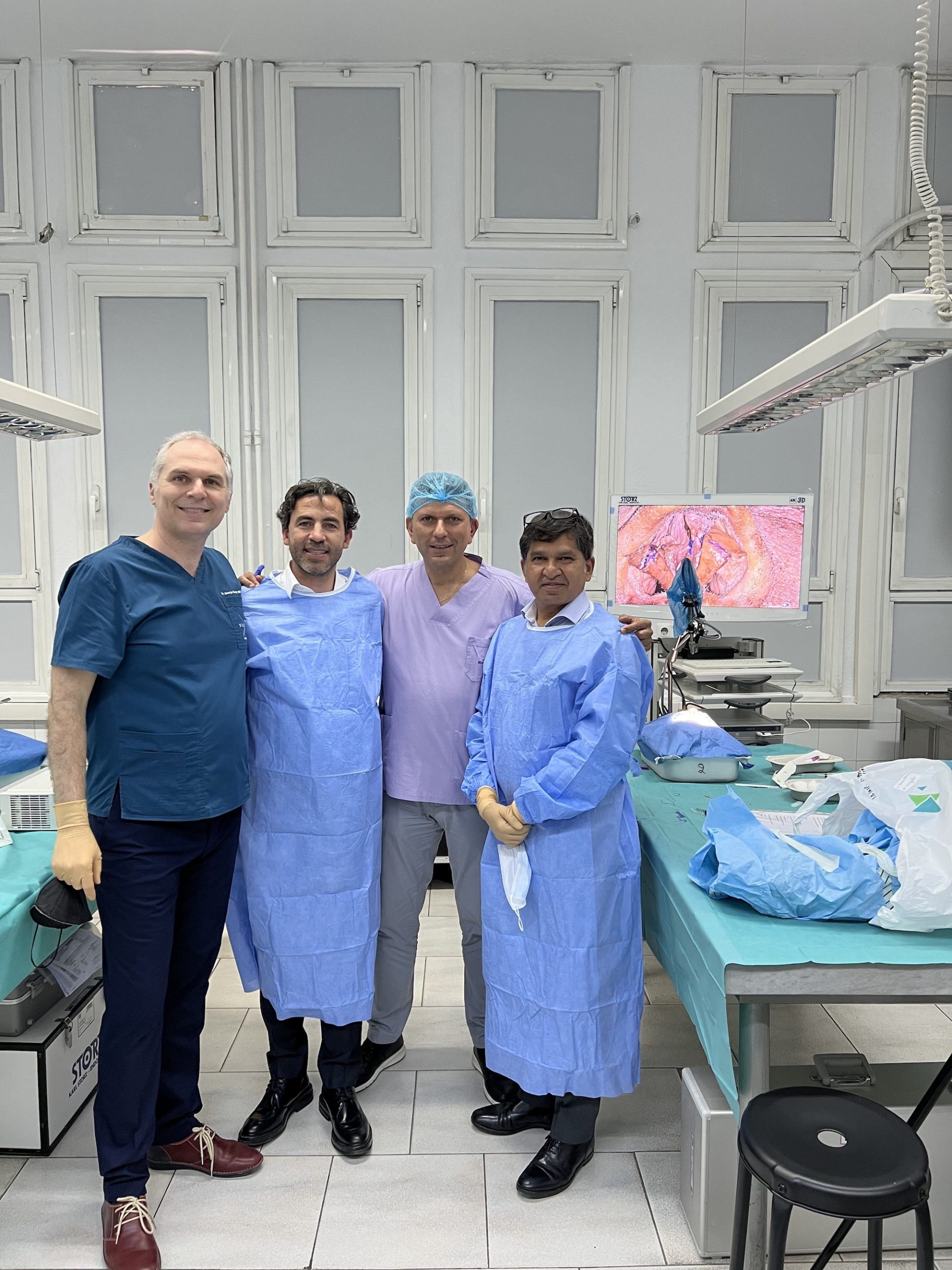 Dr George Mireas with invited faculty members in the cadaver laboratory during RhinoDays 2022 in Thessaloniki