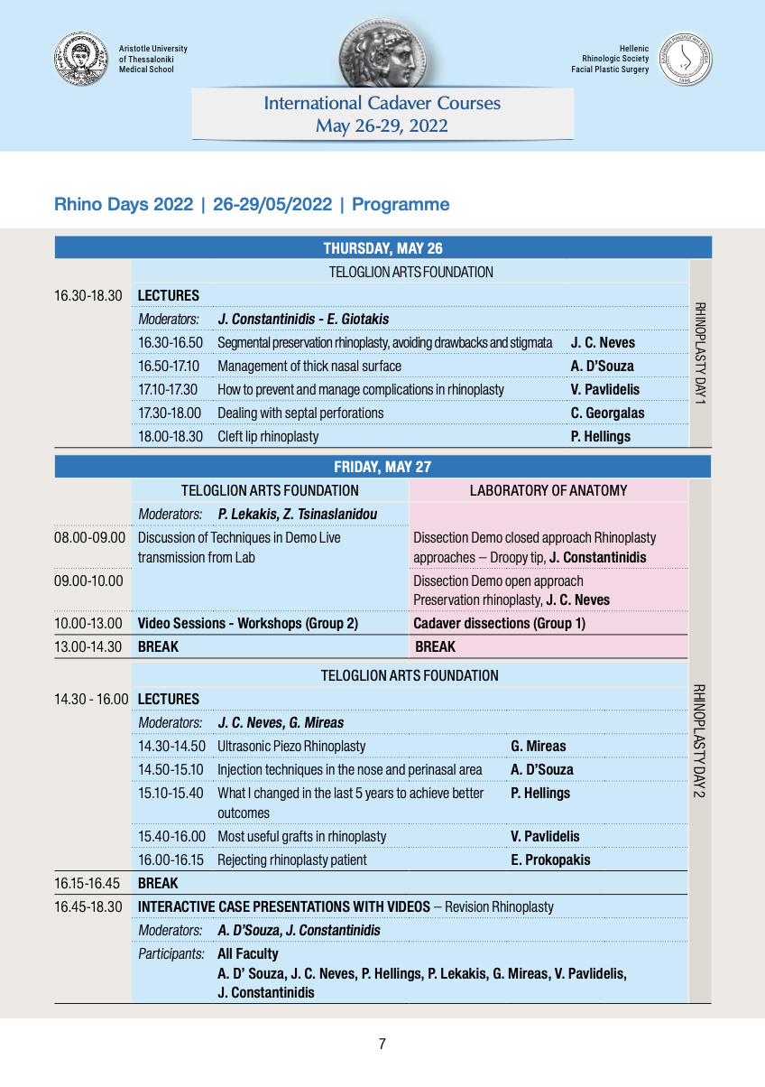 RhinoDays 2022 rhinoplasty cadaver course programme schedule showing lectures and sessions including George Mireas