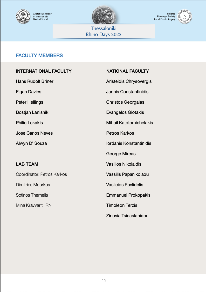 Faculty list page of RhinoDays 2022 showing George Mireas among the national faculty in Thessaloniki