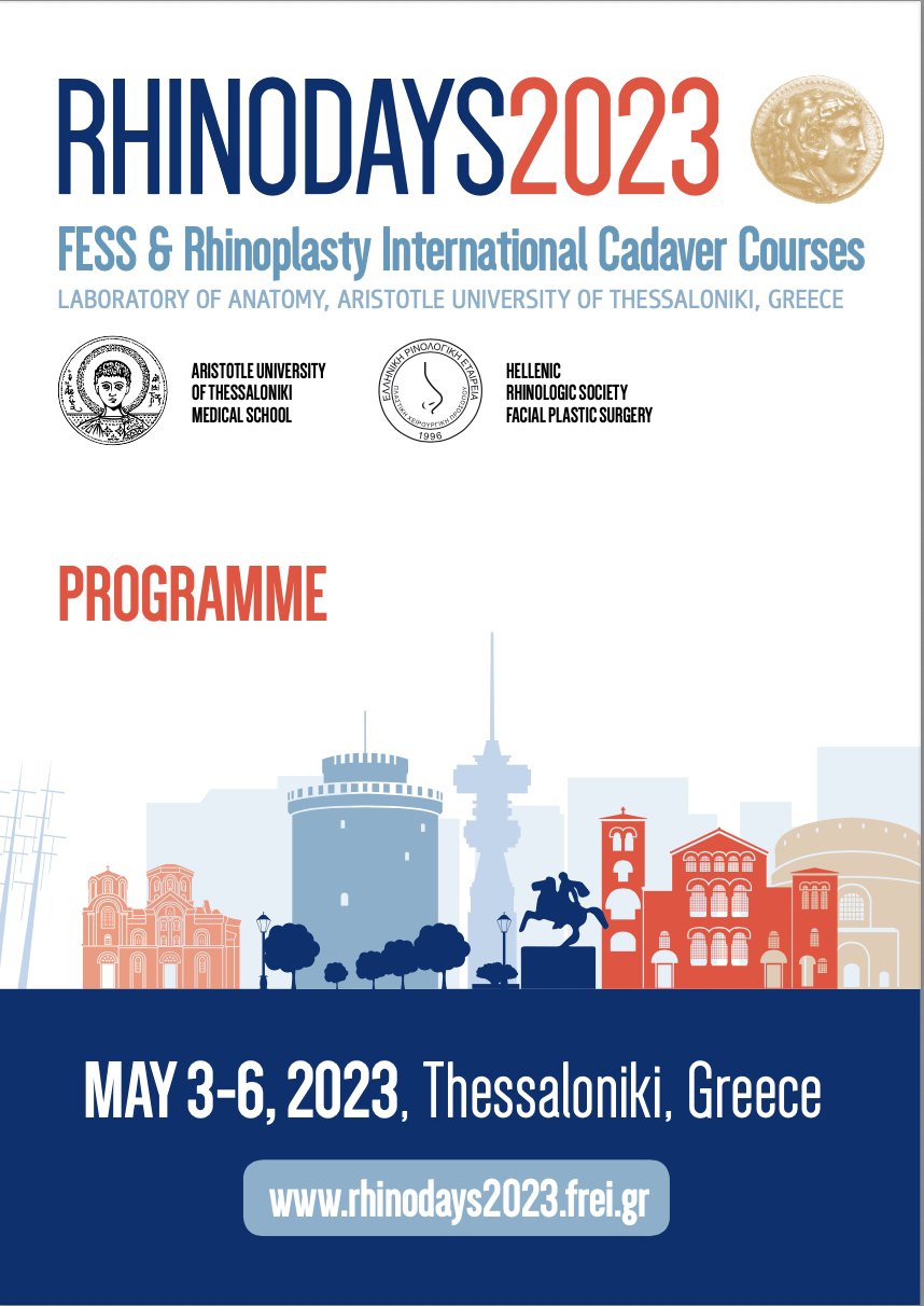 Official programme cover of RHINODAYS 2023 FESS and Rhinoplasty International Cadaver Courses held in Thessaloniki