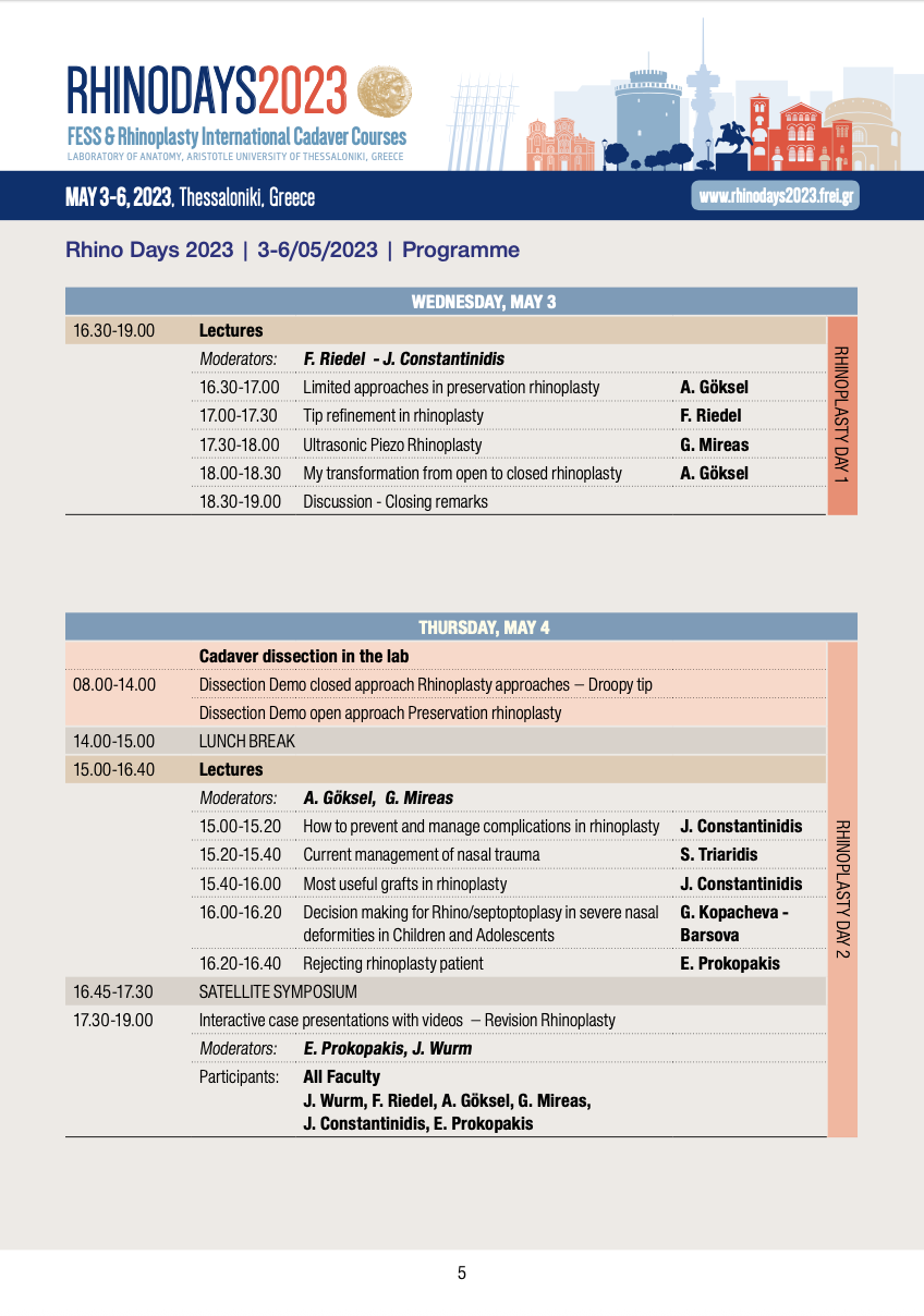 RhinoDays 2023 rhinoplasty cadaver course programme schedule showing lectures including Ultrasonic Piezo Rhinoplasty by George Mireas