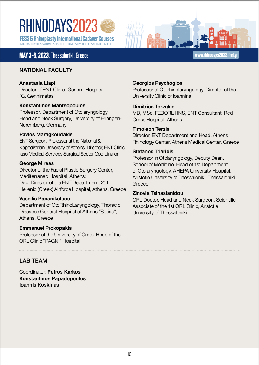 Faculty list page of RHINODAYS 2023 showing George Mireas among the national faculty in Thessaloniki