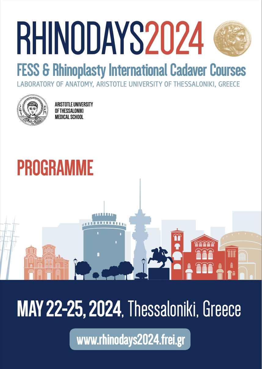 Official programme cover of RHINODAYS 2024 FESS and Rhinoplasty International Cadaver Courses held in Thessaloniki