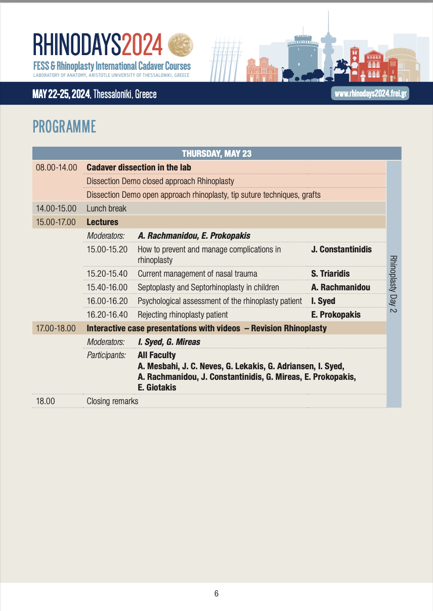 Scientific programme schedule of RHINODAYS 2024 rhinoplasty sessions including lectures and moderation by Dr George Mireas
