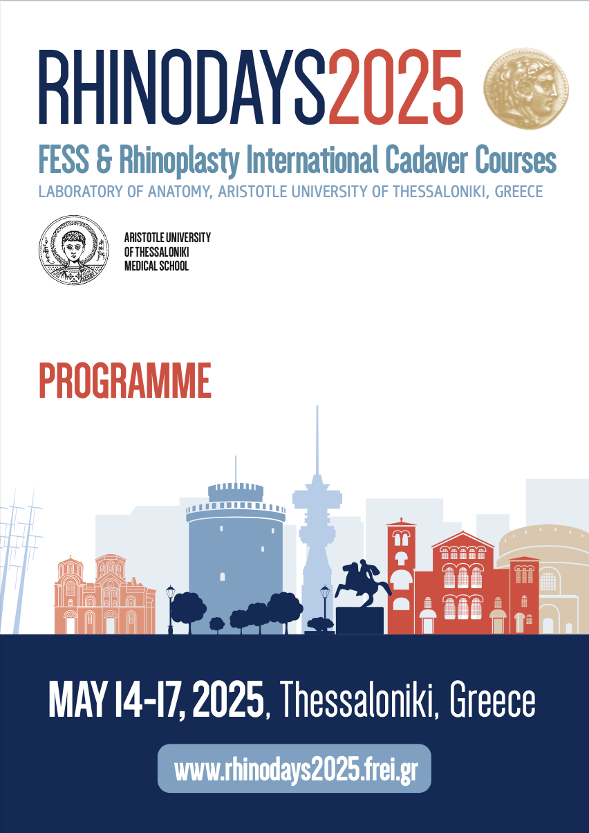 Official programme cover of RhinoDays 2025 FESS and Rhinoplasty International Cadaver Courses held at the Aristotle University of Thessaloniki
