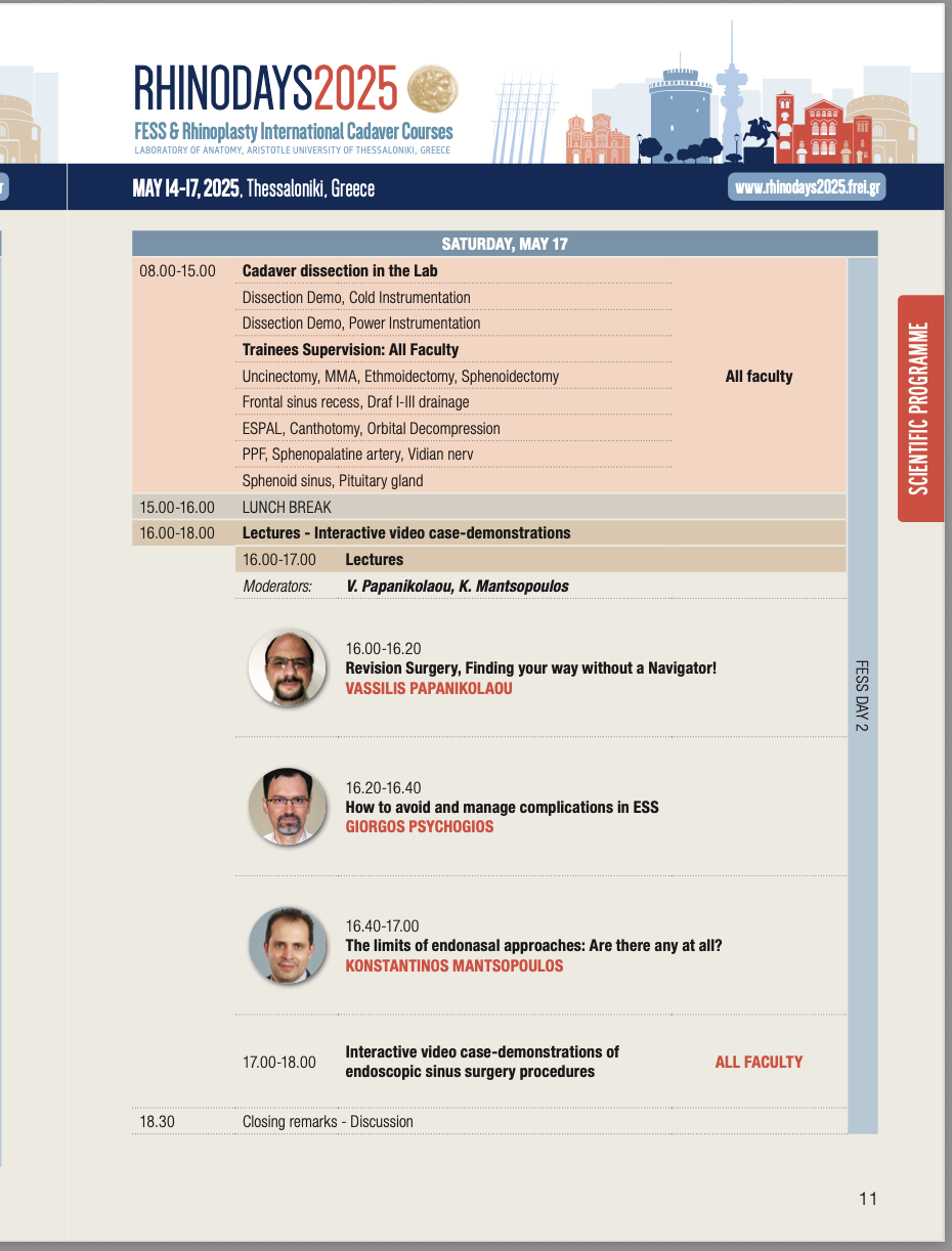 Scientific programme schedule of RhinoDays 2025 cadaver dissection sessions and faculty lectures in Thessaloniki