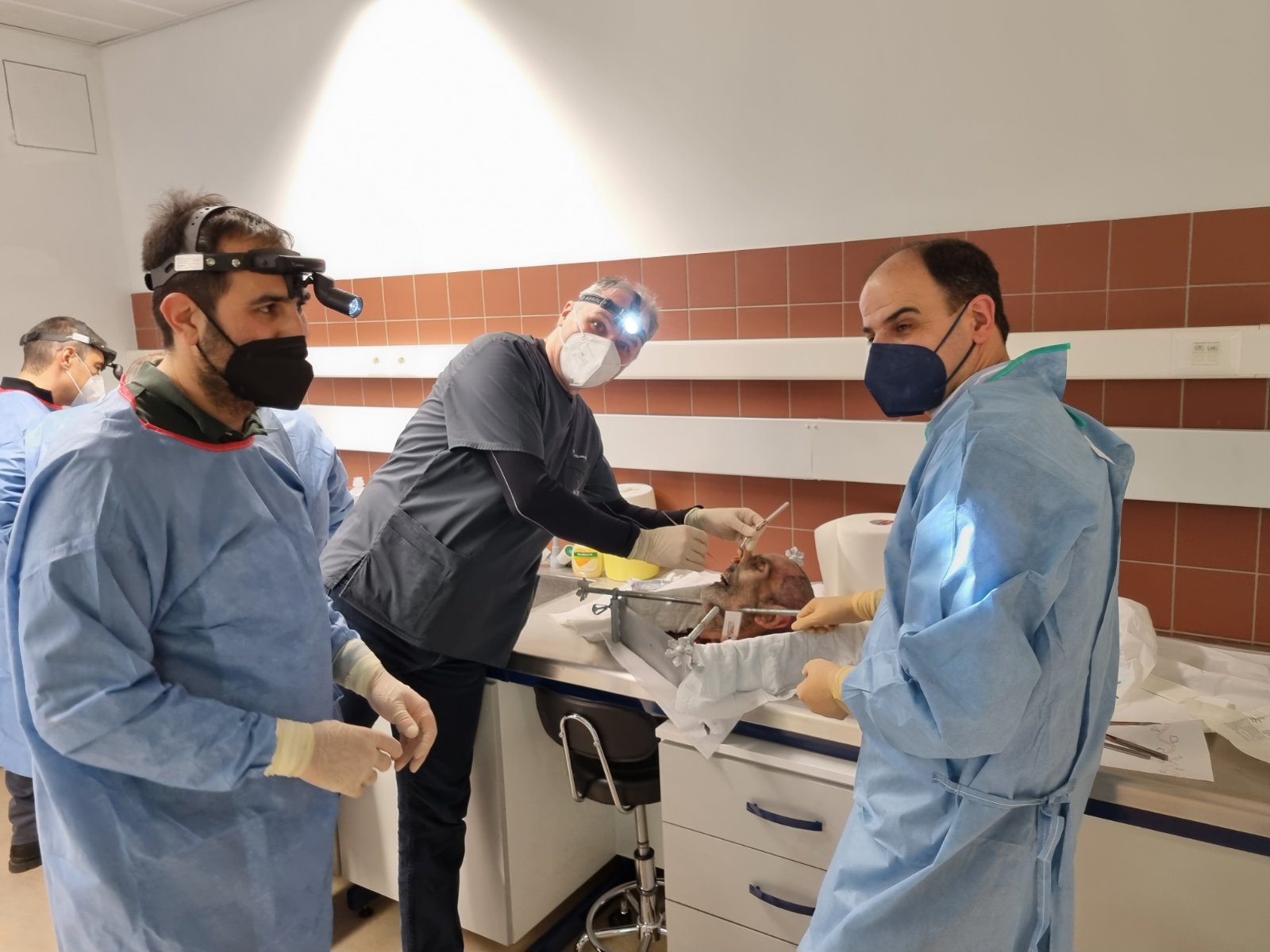 Dr George Mireas teaching during rhinoplasty cadaver dissection at the University of Patras workshop in 2022