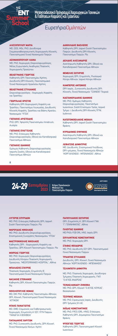 Faculty and speakers list of ENT Summer School Patras 2023 including Dr George Mireas