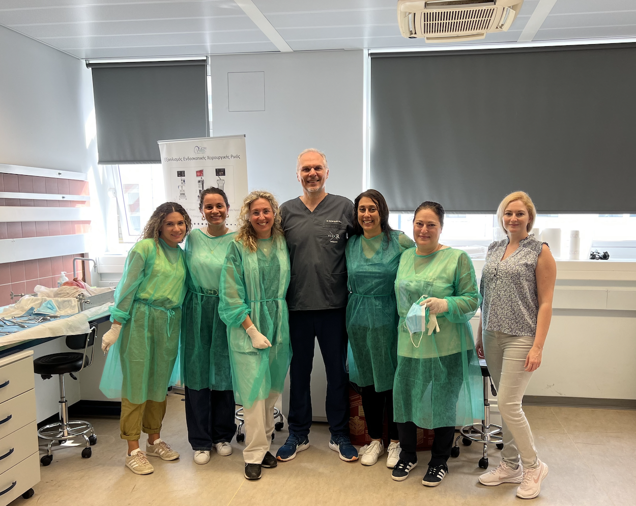 Participants and faculty during ENT Summer School Patras 2023 cadaver workshop in surgical training lab